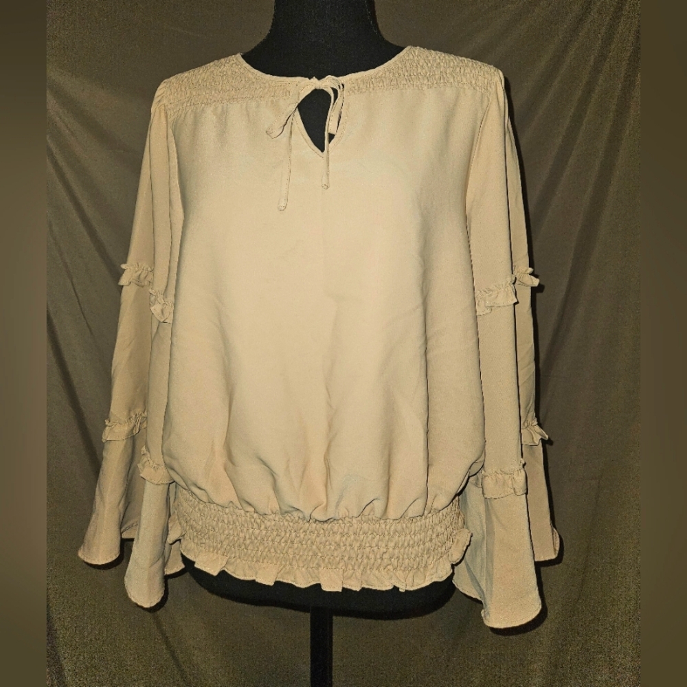 Cato Cream Bell Sleeve Blouse with Ruffled Smocked Design